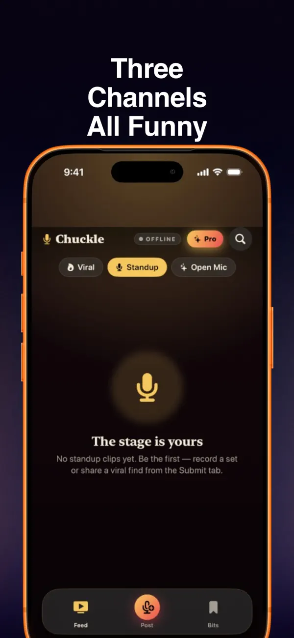Chuckle category tabs for Viral, Standup, and Open Mic